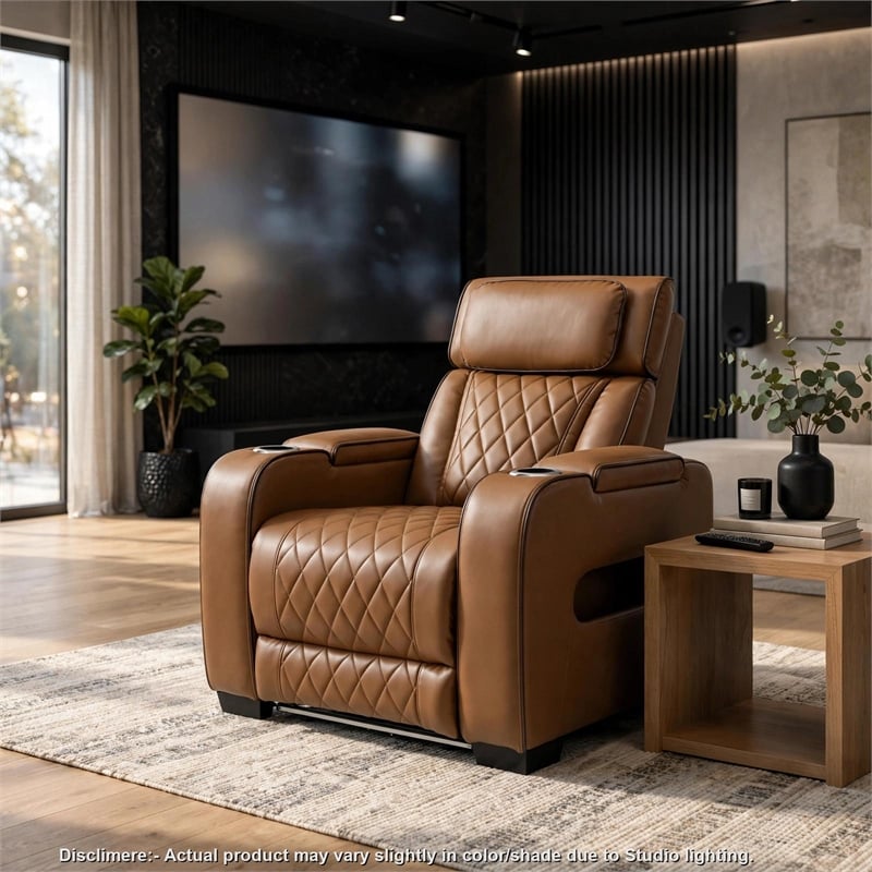 Fiya Power Reclining LED Chair- USB and Cup Holders- Brown Faux Leather