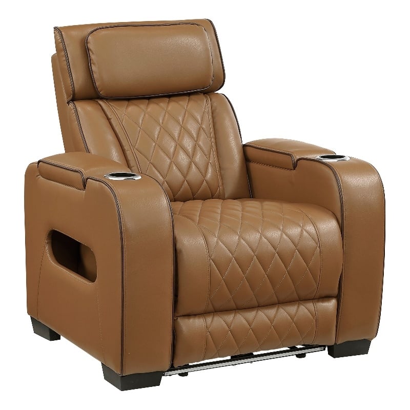 Fiya Power Reclining LED Chair- USB and Cup Holders- Brown Faux Leather