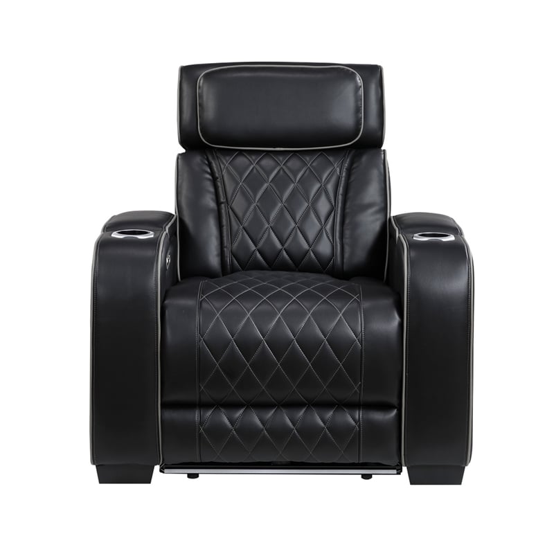 Fiya Power Reclining LED Chair- USB and Cup Holders- Black Faux Leather