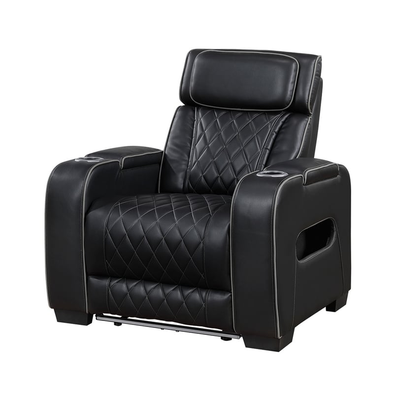 Fiya Power Reclining LED Chair- USB and Cup Holders- Black Faux Leather