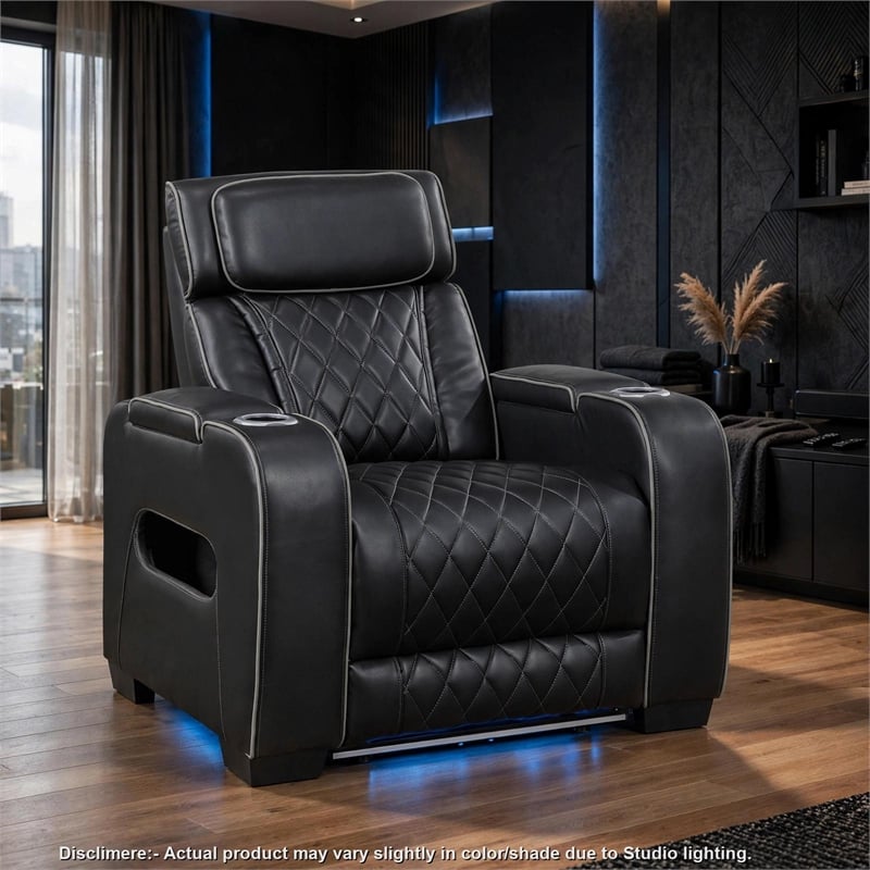 Fiya Power Reclining LED Chair- USB and Cup Holders- Black Faux Leather