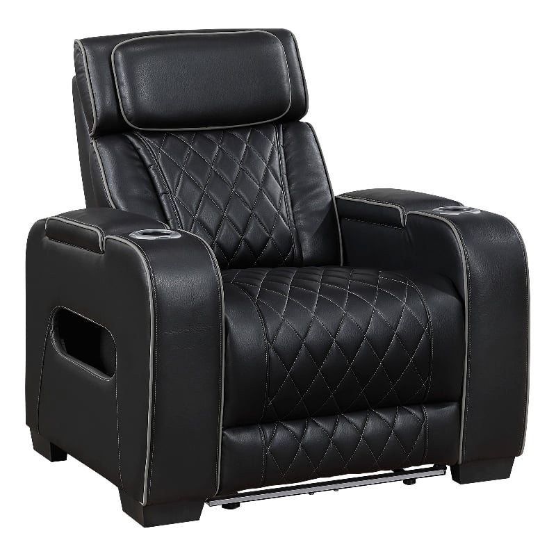 Fiya Power Reclining LED Chair- USB and Cup Holders- Black Faux Leather