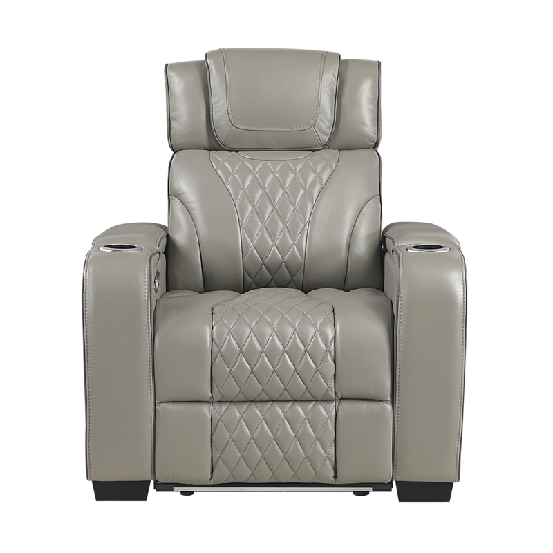 Akon Power Recliner- Heat Massage- USB- LED Light- Gray Genuine Leather