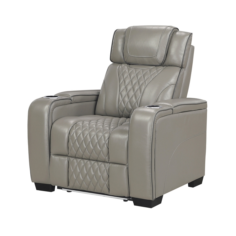 Akon Power Recliner- Heat Massage- USB- LED Light- Gray Genuine Leather