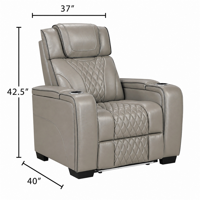 Akon Power Recliner- Heat Massage- USB- LED Light- Gray Genuine Leather