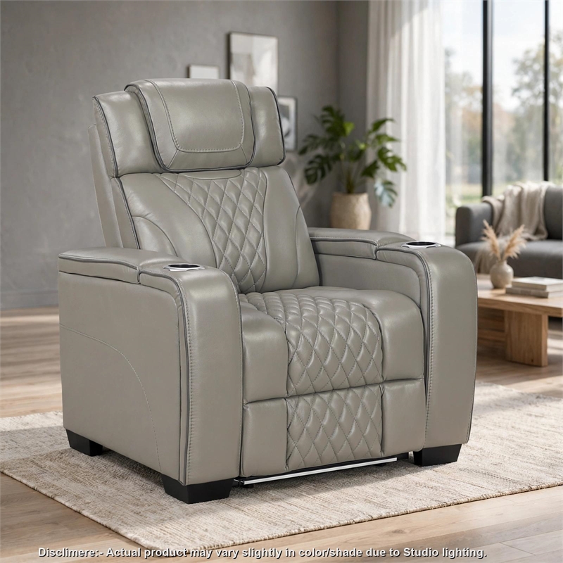 Akon Power Recliner- Heat Massage- USB- LED Light- Gray Genuine Leather