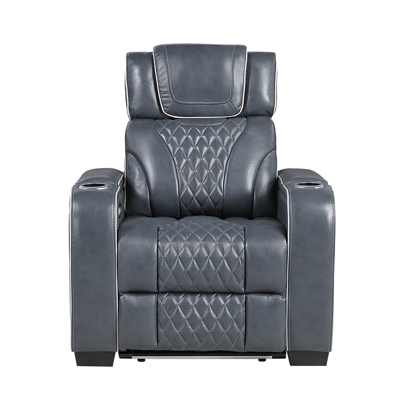 Akon Power Recliner- Heat Massage- USB- LED Light- Blue Genuine Leather