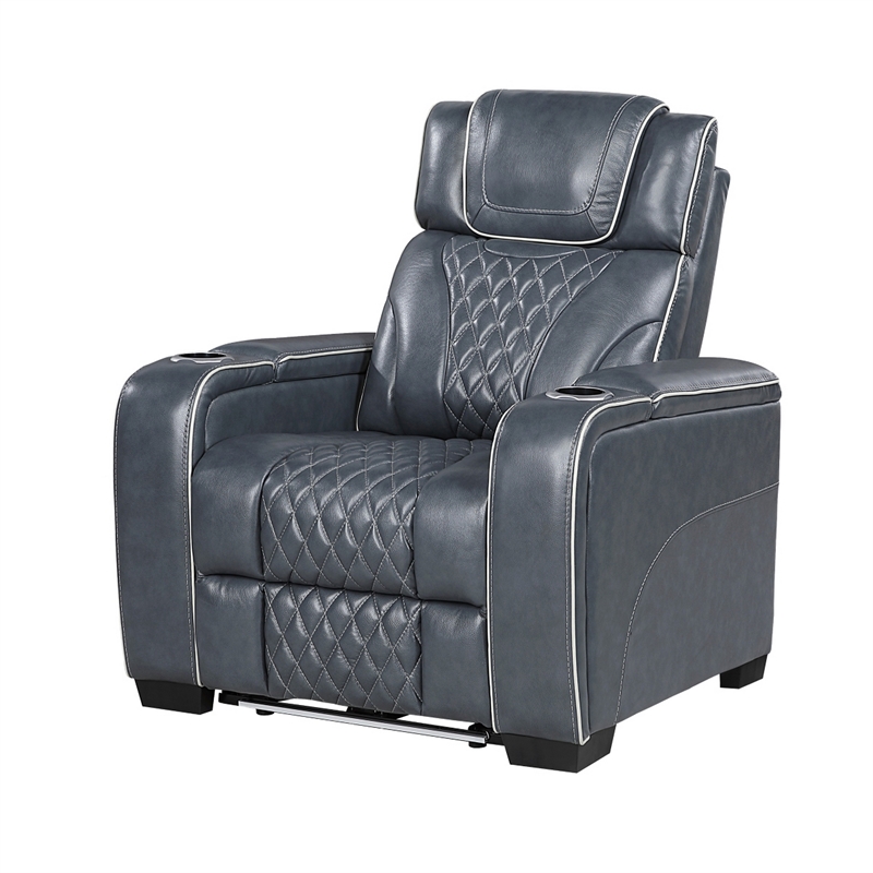 Akon Power Recliner- Heat Massage- USB- LED Light- Blue Genuine Leather