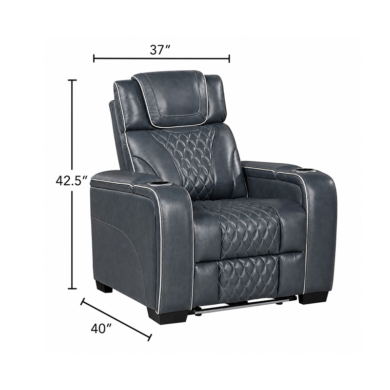 Akon Power Recliner- Heat Massage- USB- LED Light- Blue Genuine Leather