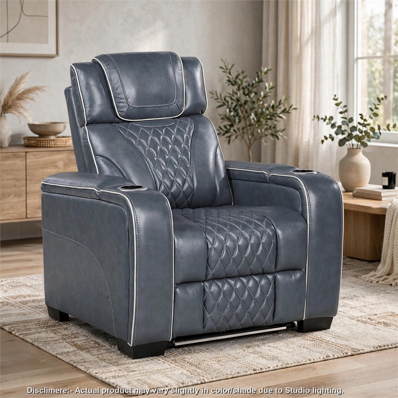 Akon Power Recliner- Heat Massage- USB- LED Light- Blue Genuine Leather
