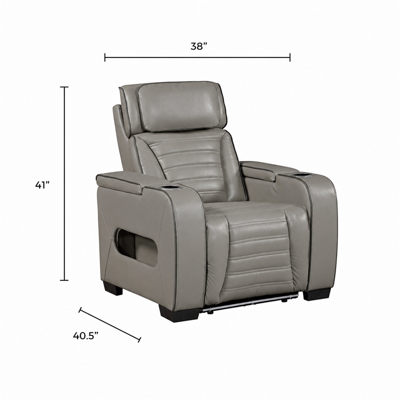 Cyrus Power Recliner- Headrest- Heat Massage- USB Ports- LED- Gray Leather