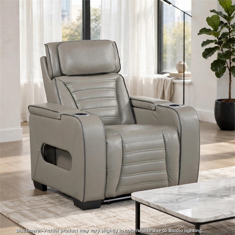 Cyrus Power Recliner- Headrest- Heat Massage- USB Ports- LED- Gray Leather