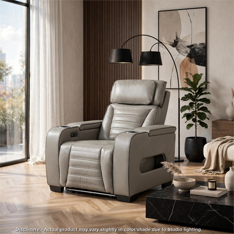 Cyrus Power Recliner- Headrest- Heat Massage- USB Ports- LED- Gray Leather