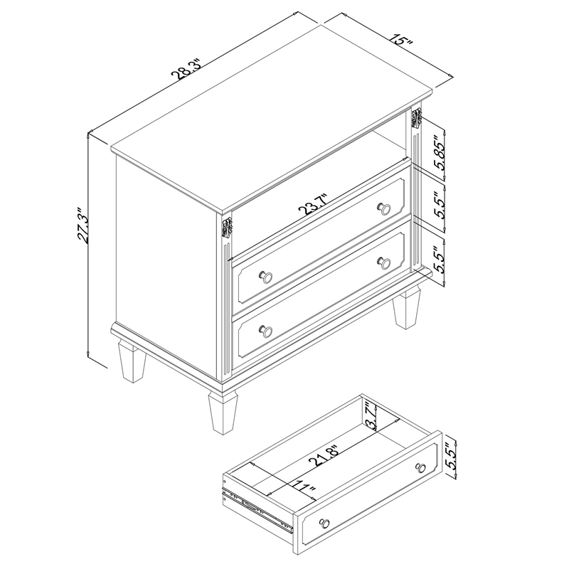 Cyna Nightstand with USB Ports- 2 Drawers and Shelf- Walnut Brown Wood