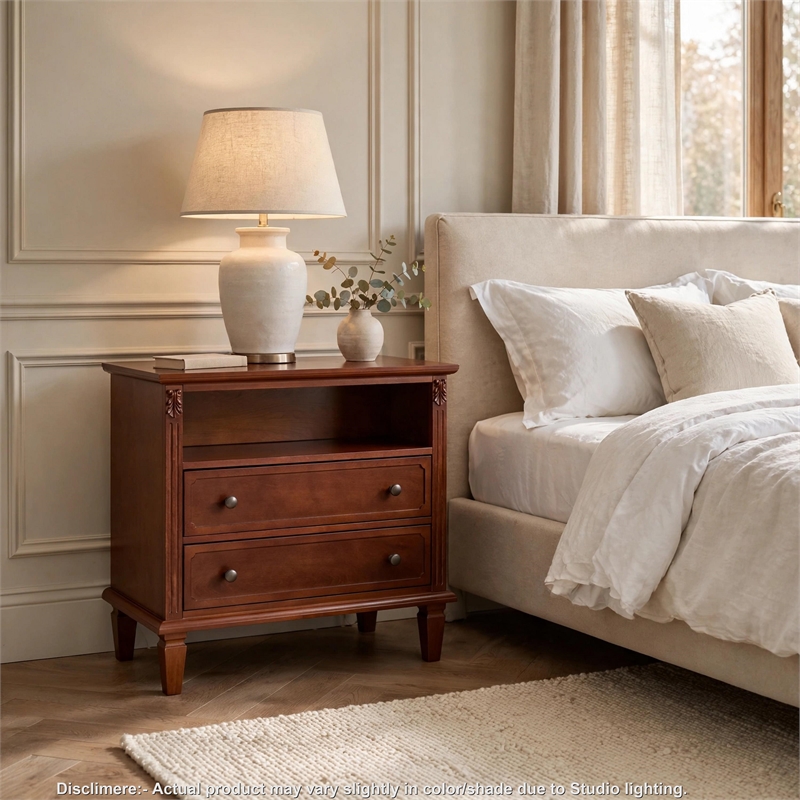 Cyna Nightstand with USB Ports- 2 Drawers and Shelf- Walnut Brown Wood