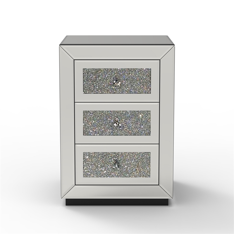 Lily Mirrored Nightstand- 3-Drawers- Glass Front Panels- Silver Wood