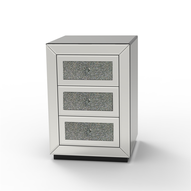 Lily Mirrored Nightstand- 3-Drawers- Glass Front Panels- Silver Wood