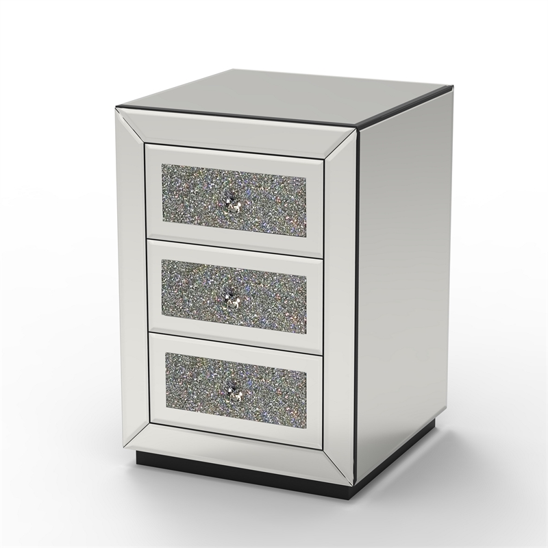 Lily Mirrored Nightstand- 3-Drawers- Glass Front Panels- Silver Wood