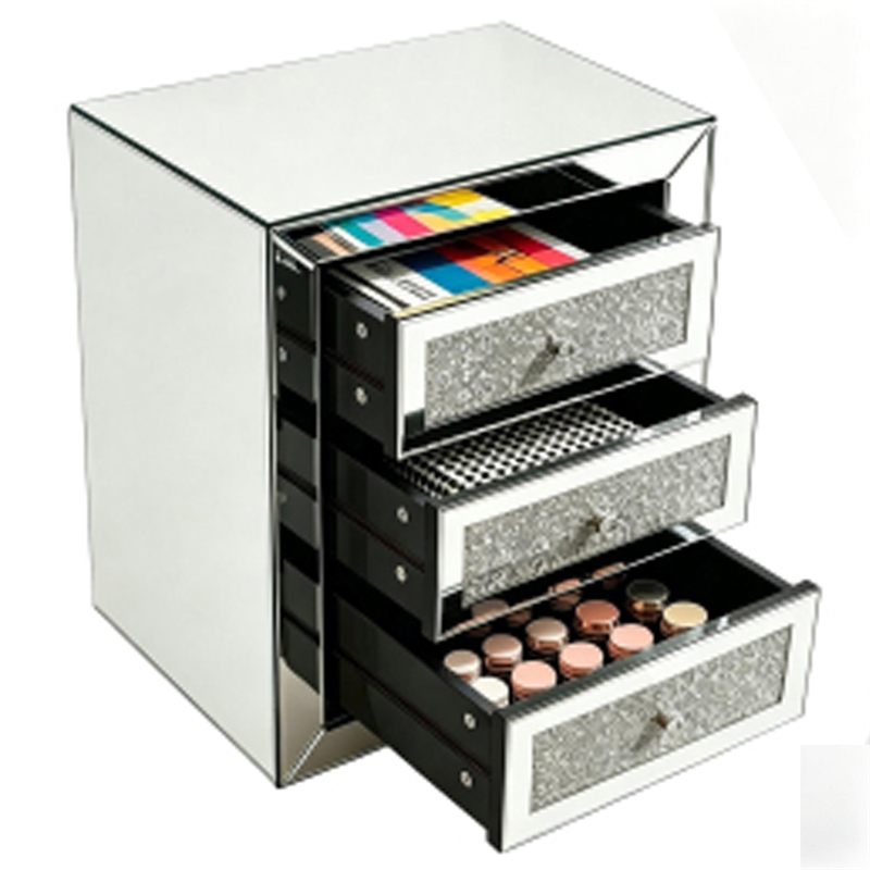 Lily Mirrored Nightstand- 3-Drawers- Glass Front Panels- Silver Wood