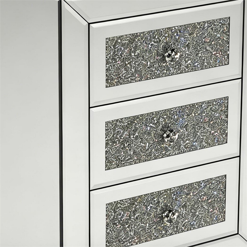 Lily Mirrored Nightstand- 3-Drawers- Glass Front Panels- Silver Wood
