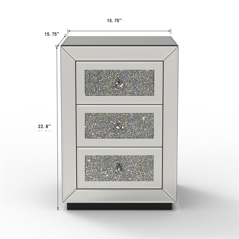 Lily Mirrored Nightstand- 3-Drawers- Glass Front Panels- Silver Wood