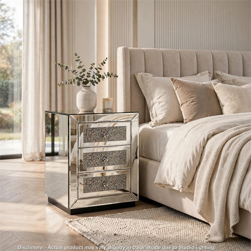 Lily Mirrored Nightstand- 3-Drawers- Glass Front Panels- Silver Wood