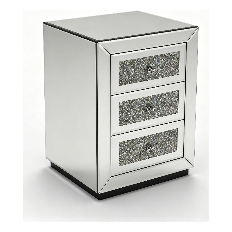 Lily Mirrored Nightstand- 3-Drawers- Glass Front Panels- Silver Wood