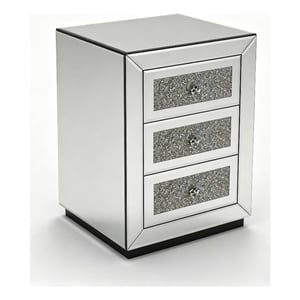 Lily Mirrored Nightstand- 3-Drawers- Glass Front Panels- Silver Wood