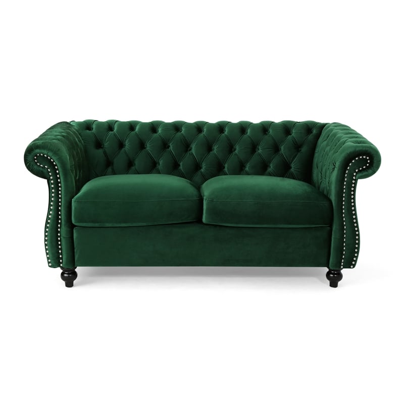 chesterfield loveseat- tufted velvet- rolled arms- emerald green- 62 inch