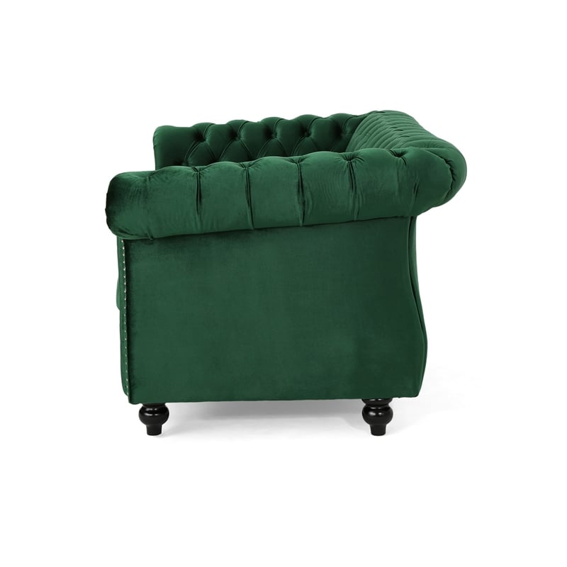 chesterfield loveseat- tufted velvet- rolled arms- emerald green- 62 inch