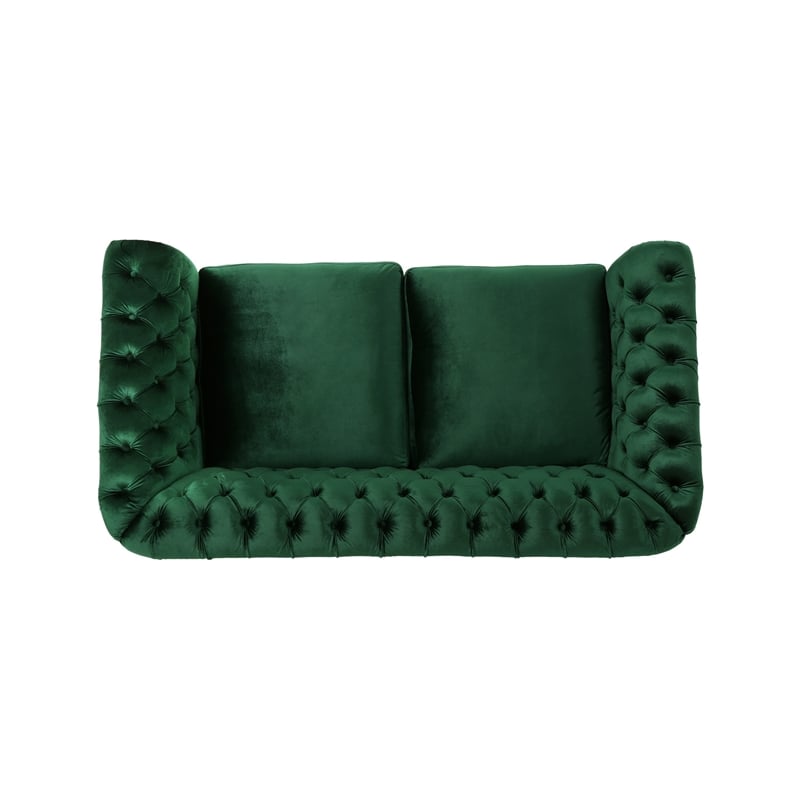 chesterfield loveseat- tufted velvet- rolled arms- emerald green- 62 inch