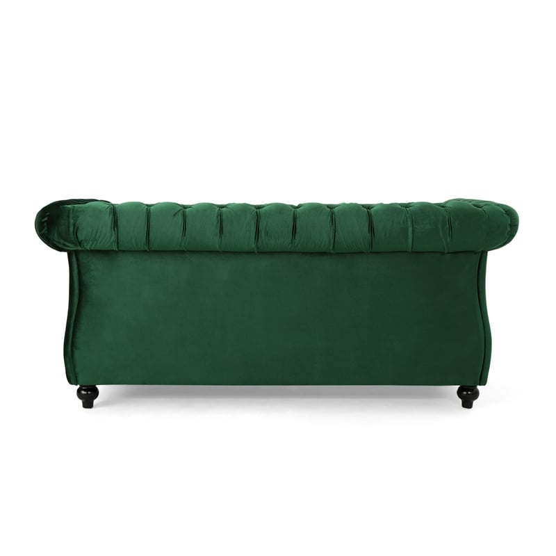 chesterfield loveseat- tufted velvet- rolled arms- emerald green- 62 inch