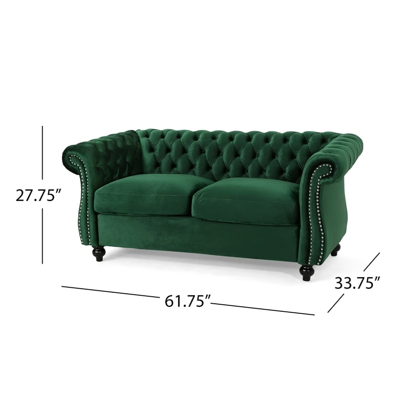 chesterfield loveseat- tufted velvet- rolled arms- emerald green- 62 inch