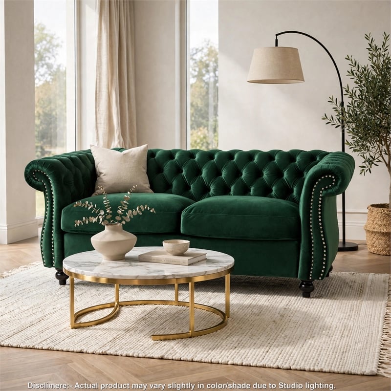 chesterfield loveseat- tufted velvet- rolled arms- emerald green- 62 inch