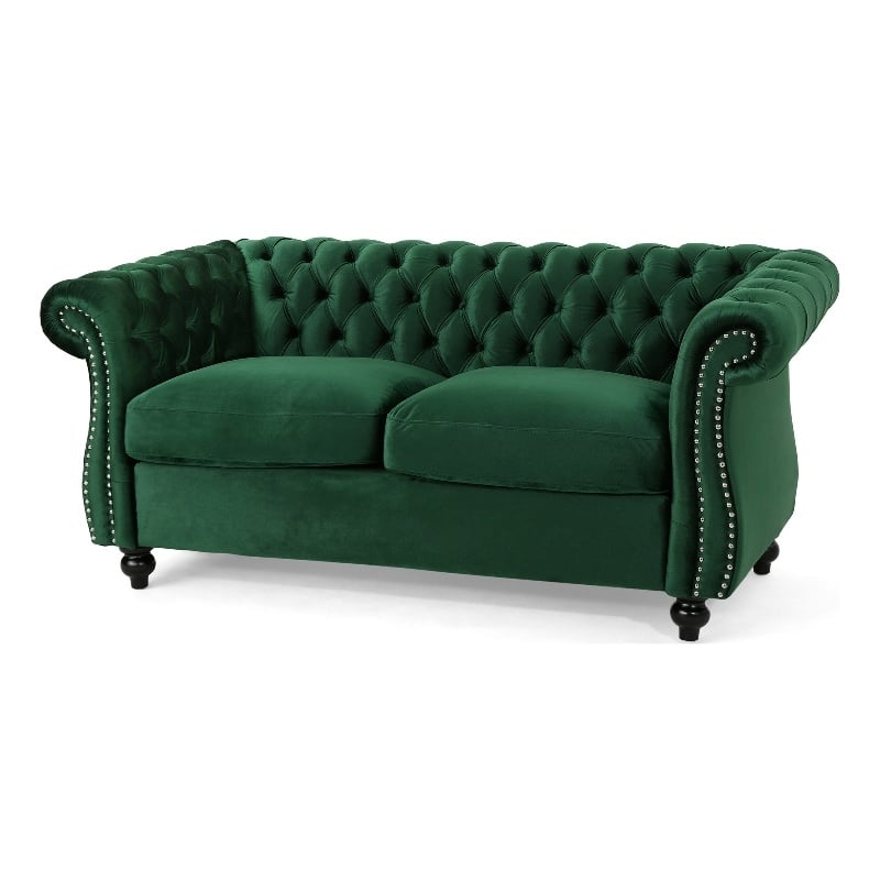 Chesterfield Loveseat- Tufted Velvet- Rolled Arms- Emerald Green- 62 Inch