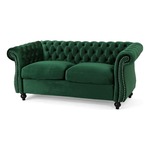 Chesterfield Loveseat- Tufted Velvet- Rolled Arms- Emerald Green- 62 Inch