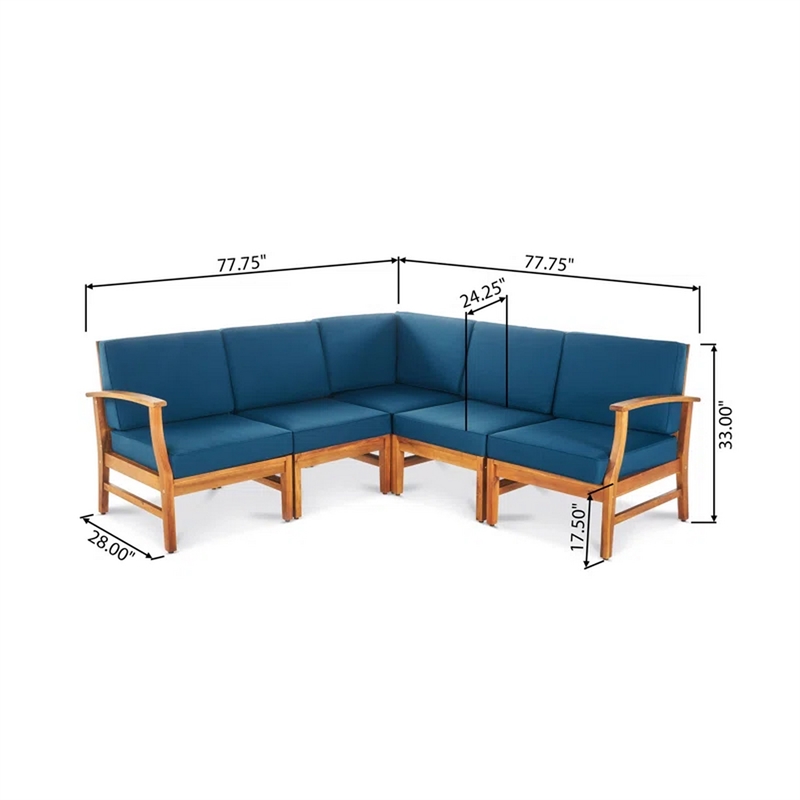 Hoye Outdoor 5pc Modular Corner Sofa Set- L-Shape- Blue Polyester- Brown