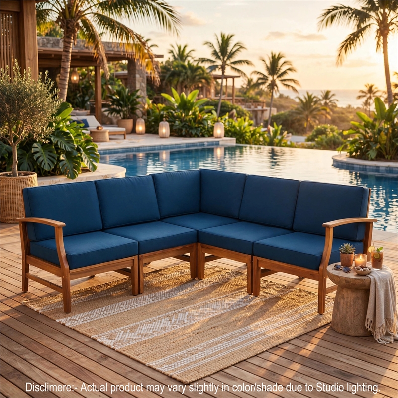 Hoye Outdoor 5pc Modular Corner Sofa Set- L-Shape- Blue Polyester- Brown