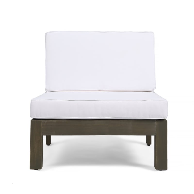 Carie Outdoor 3pc Sofa Set- White Fabric Cushions- Slatted Brown Wood