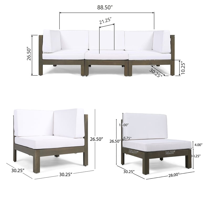 Carie Outdoor 3pc Sofa Set- White Fabric Cushions- Slatted Brown Wood