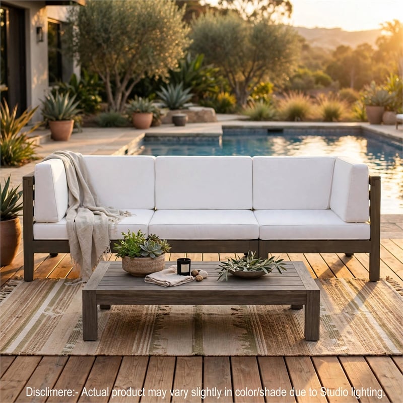Carie Outdoor 3pc Sofa Set- White Fabric Cushions- Slatted Brown Wood