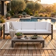 Carie Outdoor 3pc Sofa Set- White Fabric Cushions- Slatted Brown Wood