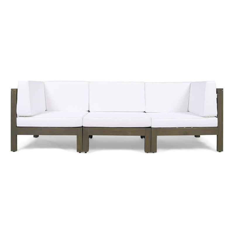Carie Outdoor 3pc Sofa Set- White Fabric Cushions- Slatted Brown Wood