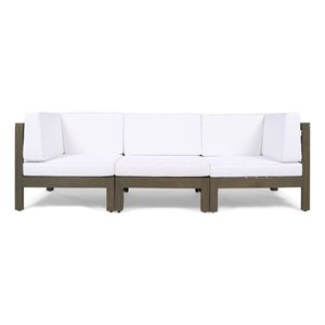Carie Outdoor 3pc Sofa Set- White Fabric Cushions- Slatted Brown Wood