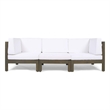 Carie Outdoor 3pc Sofa Set- White Fabric Cushions- Slatted Brown Wood