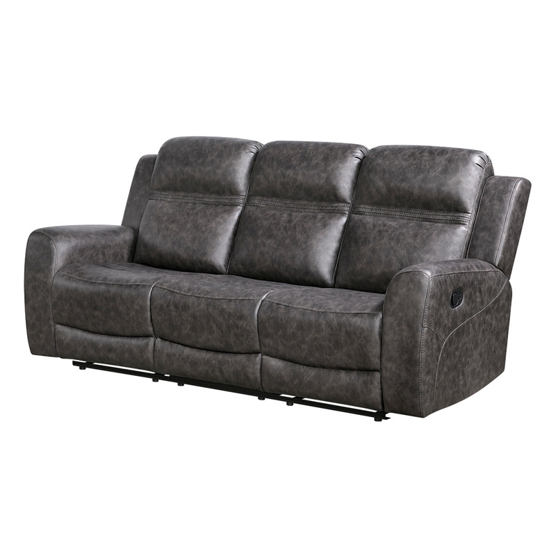 Berty Double Reclining Sofa- Tab Pull- Metal Frame- Gray Microfiber