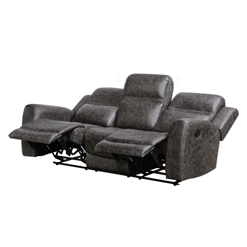 Berty Double Reclining Sofa- Tab Pull- Metal Frame- Gray Microfiber