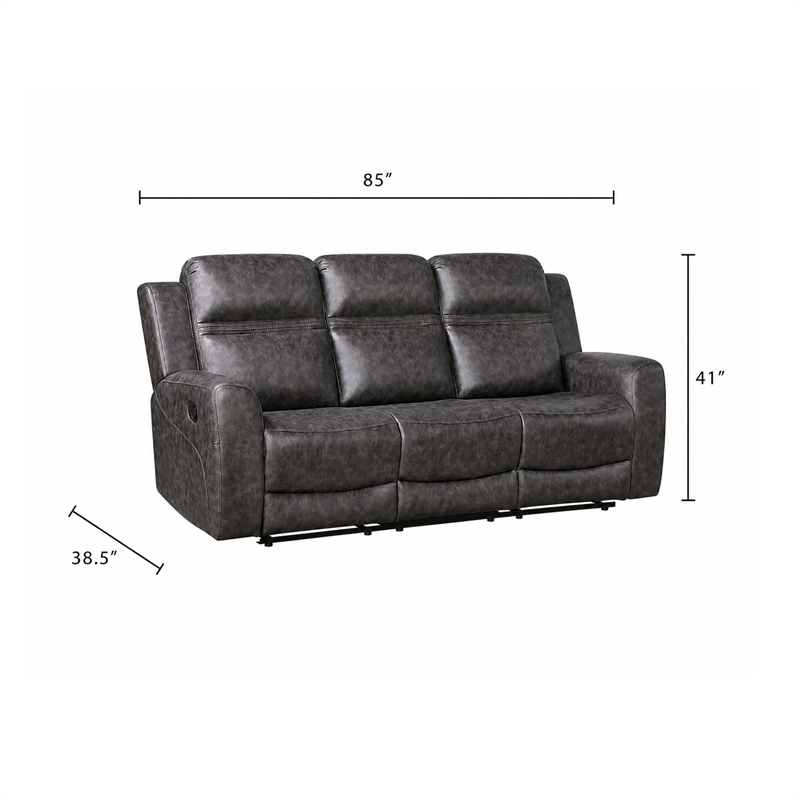 Berty Double Reclining Sofa- Tab Pull- Metal Frame- Gray Microfiber