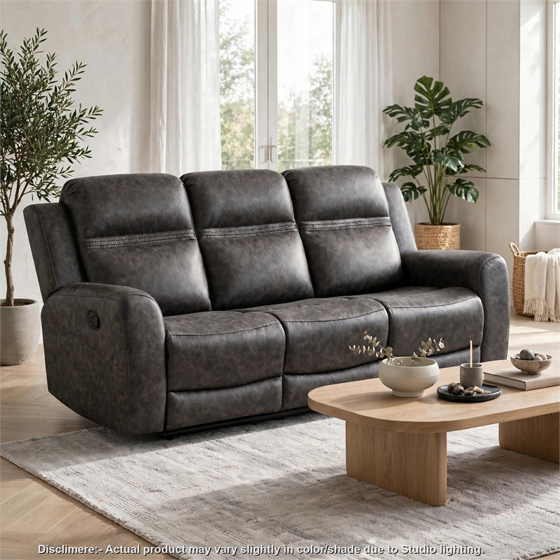 Berty Double Reclining Sofa- Tab Pull- Metal Frame- Gray Microfiber