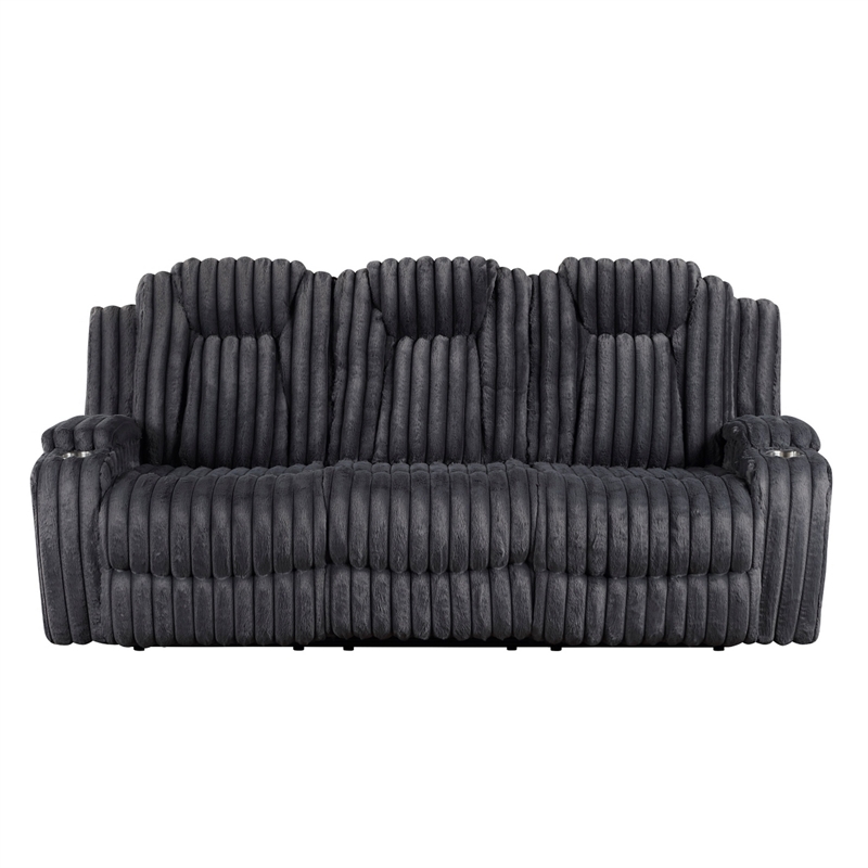 Phil Reclining Sofa with Tab Pull- Cup Holders- Dark Gray Corduroy